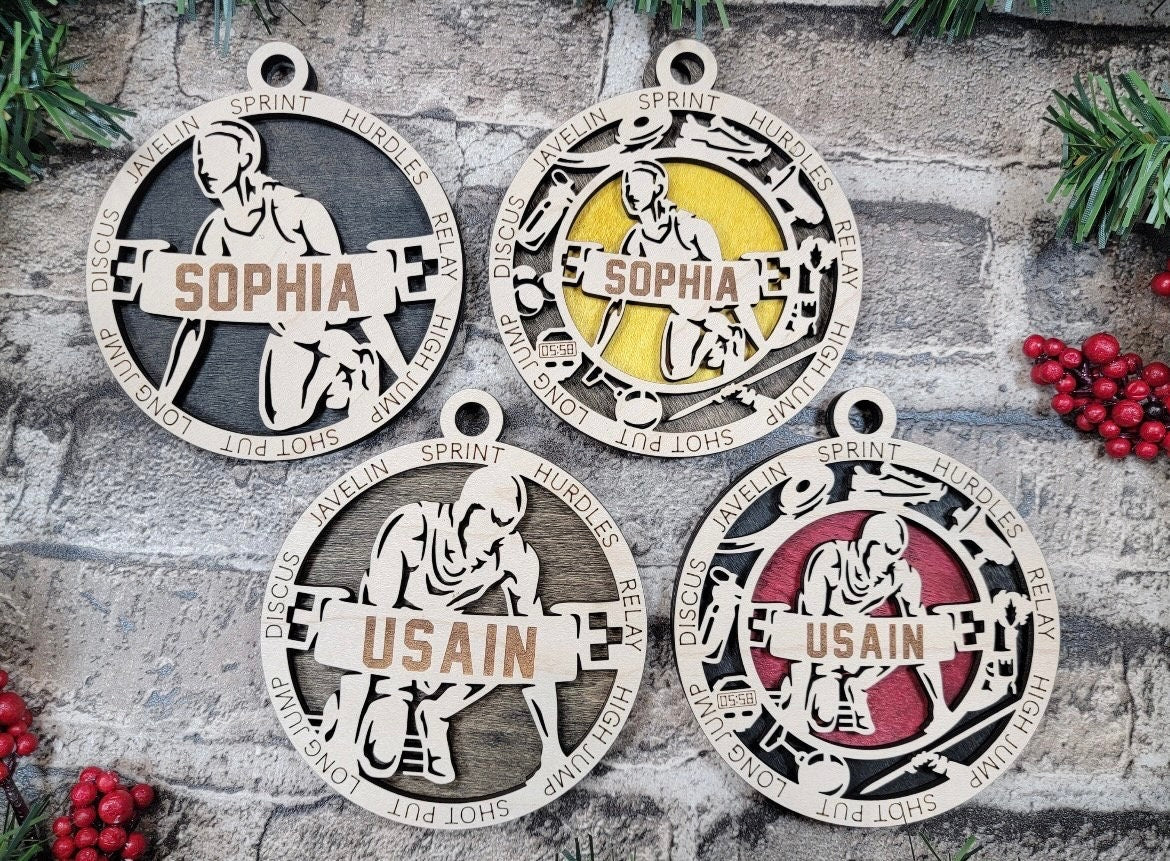 Track and field Christmas ornaments.