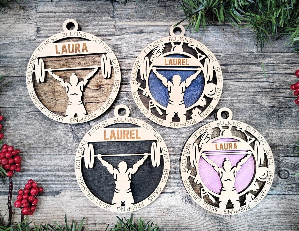 Weightlifting Christmas ornaments.