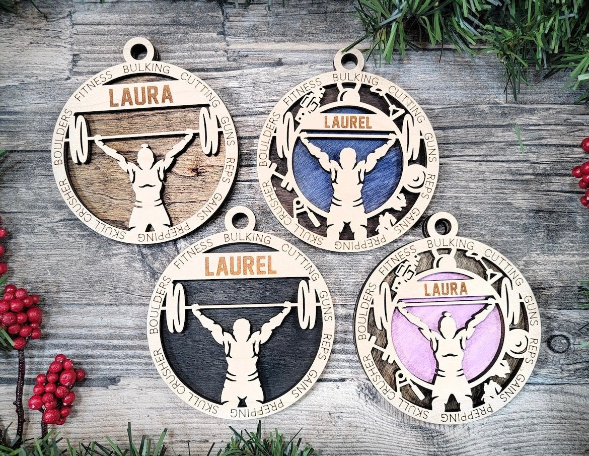 Weightlifting Christmas ornaments.