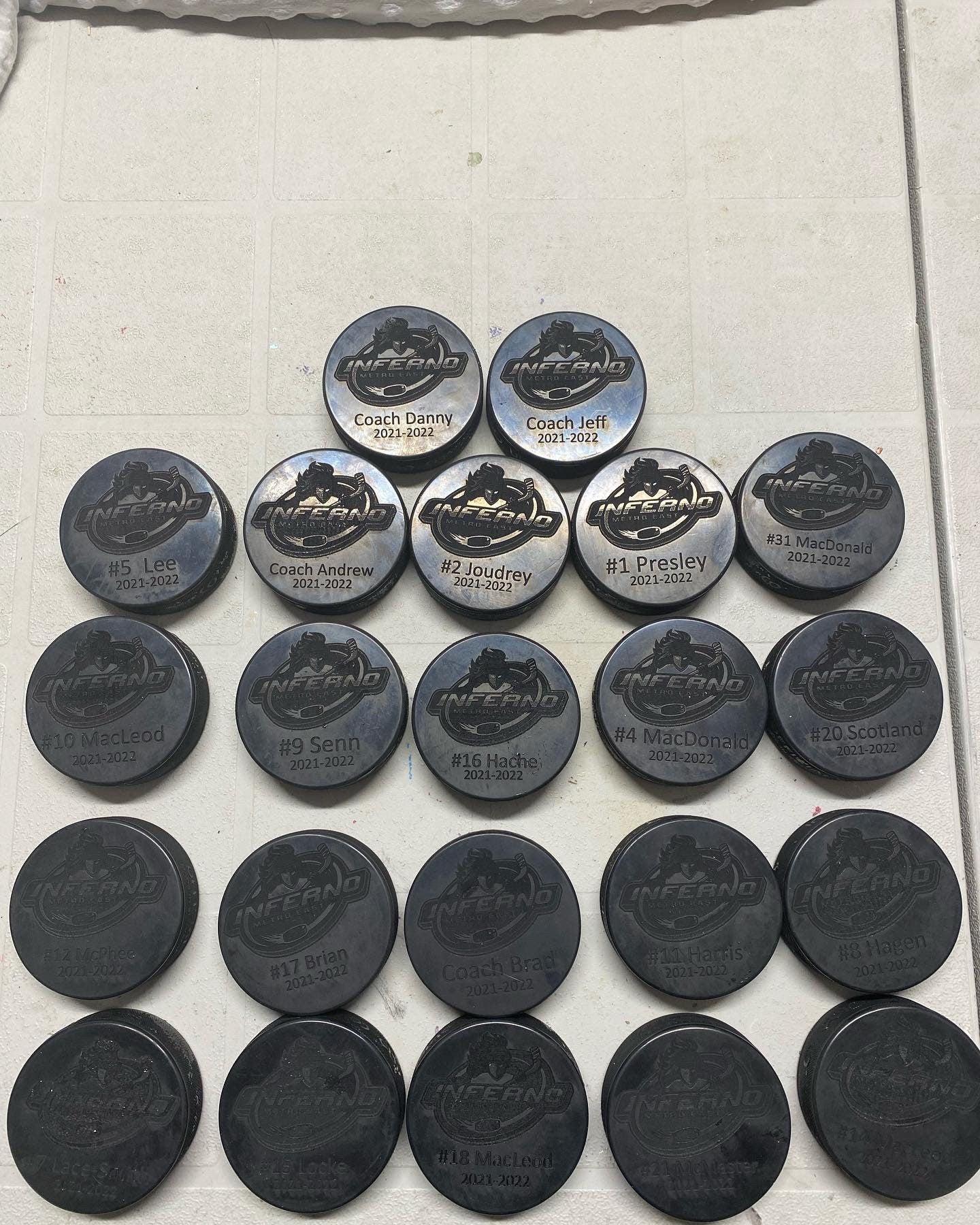 Custom Engraved team set of hockey pucks (players only)