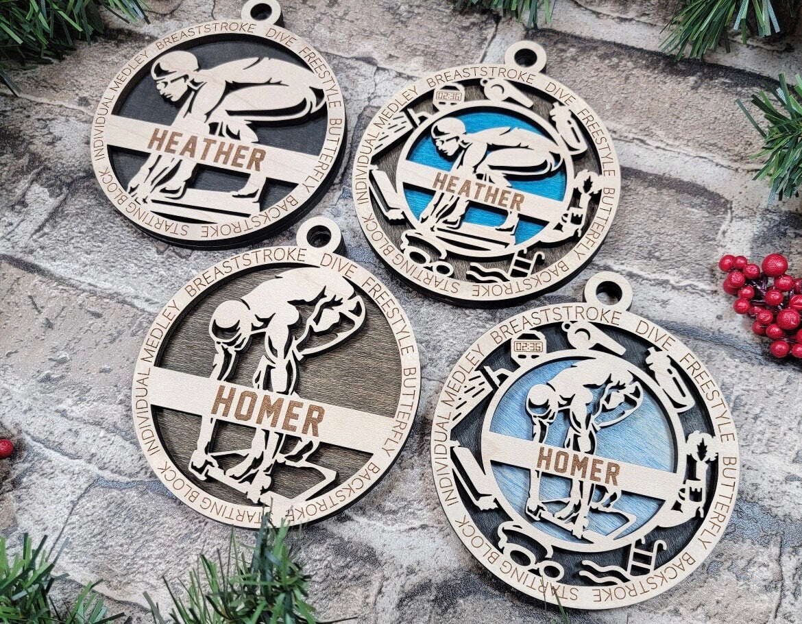Swimmer Christmas ornaments.