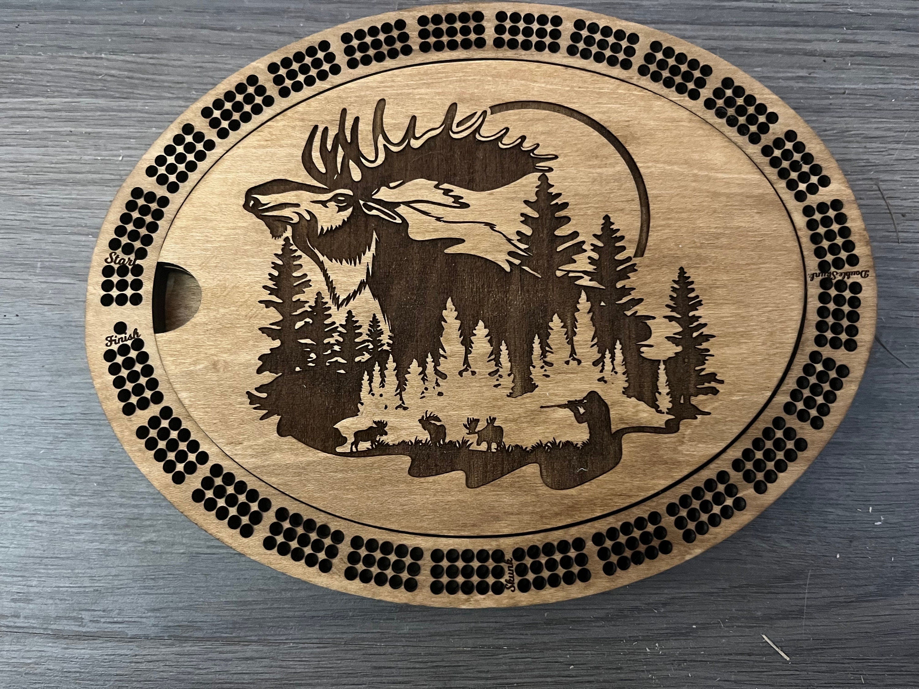 Cribbage board with hunting scenes fully personalized.