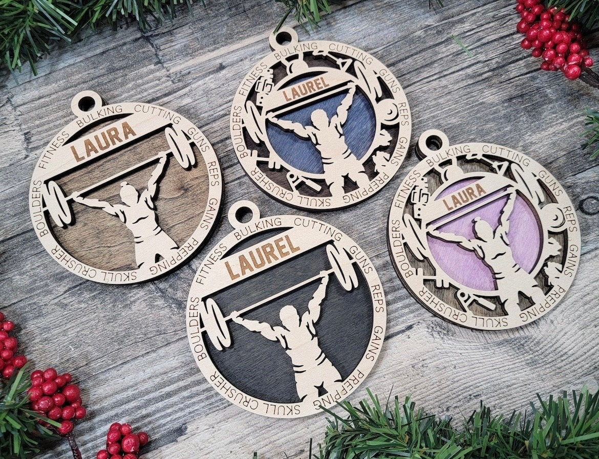 Weightlifting Christmas ornaments.