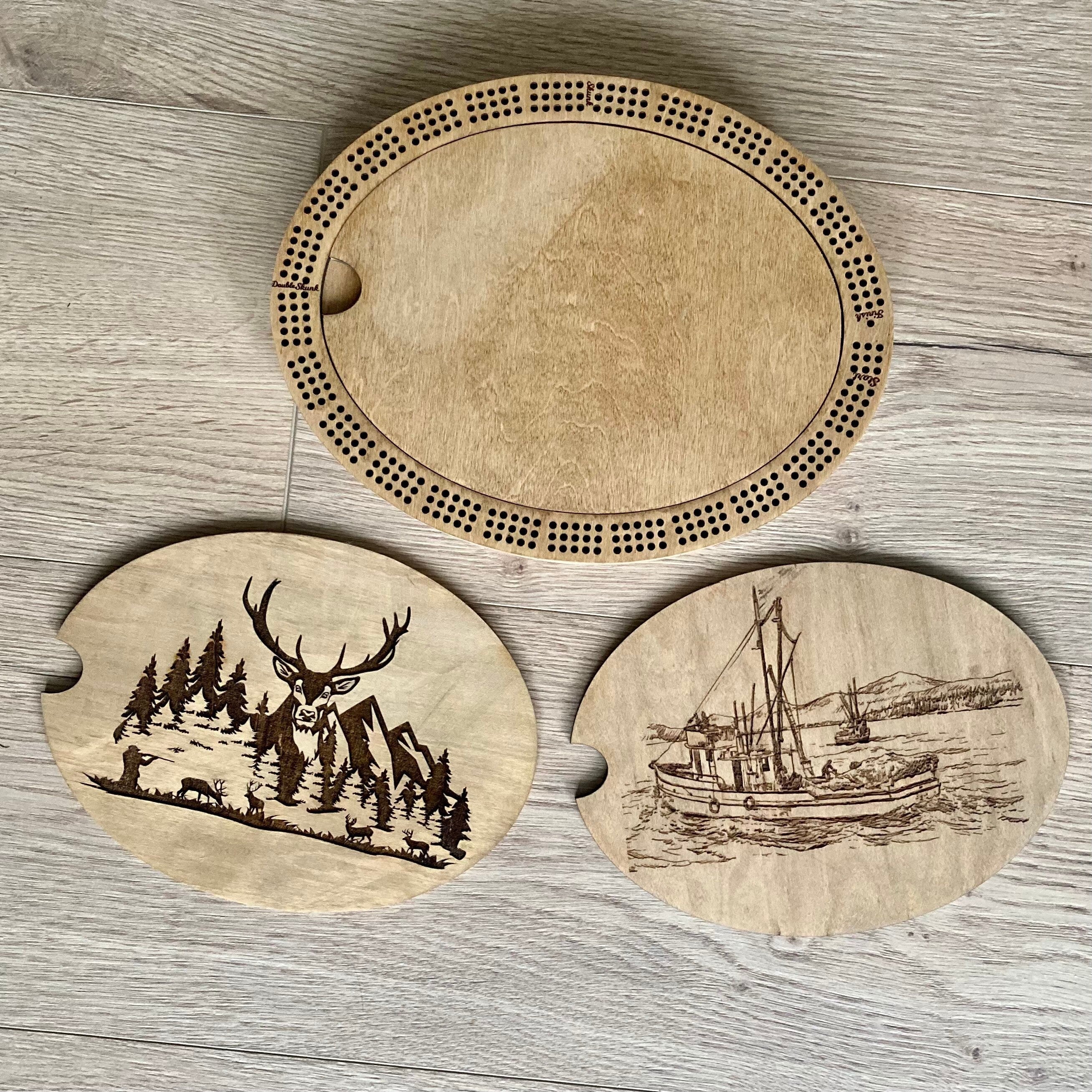 Cribbage board with hunting scenes fully personalized.