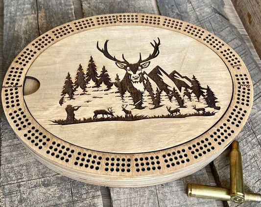 Cribbage board with hunting scenes fully personalized.